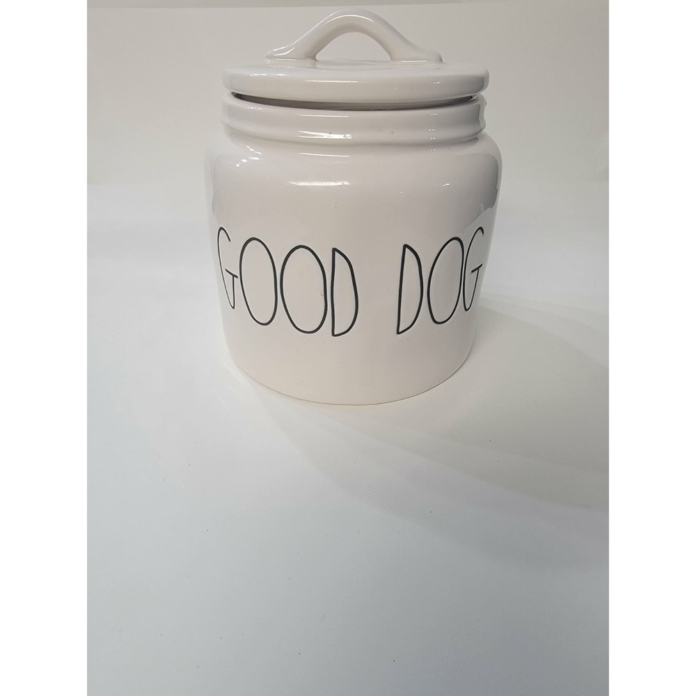 RAE DUNN “GOOD DOG” WHITE BLACK ETCHING PUPPY TREAT CANISTER WITH LID 7” CERAMIC